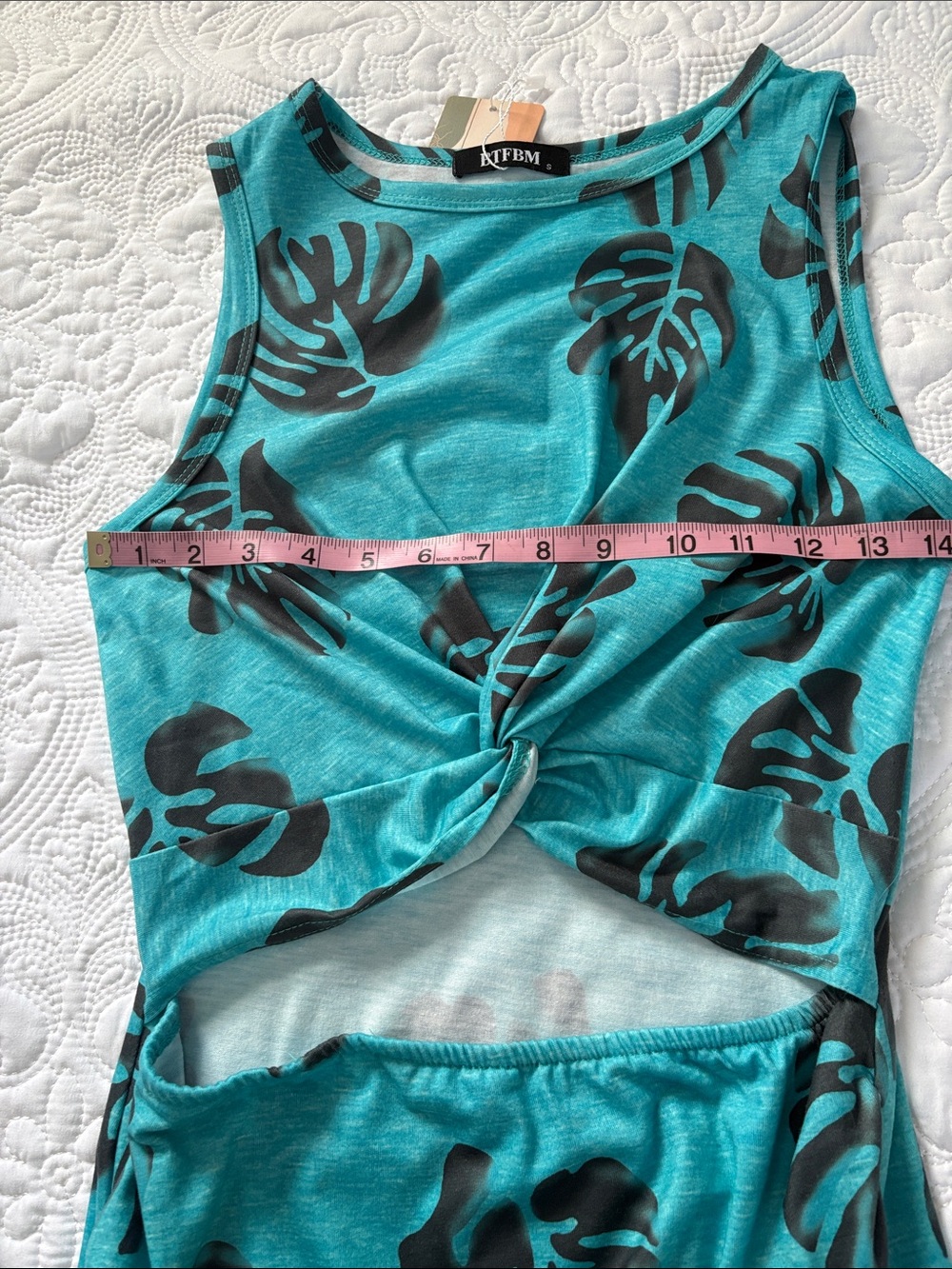 Teal Knot-Back Leaf Print Dress - Picture 4 of 5